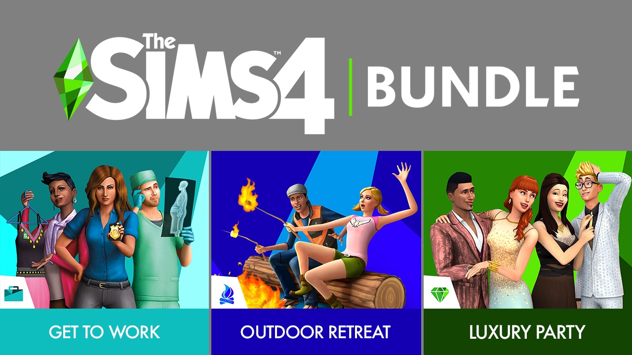 The Sims 4 Bundle - Get to Work, Outdoor Retreat, Luxury Party Stuff DLCs Origin CD Key, $54.2